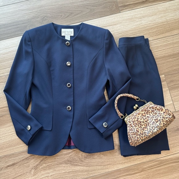 Vintage Jackets & Blazers - Vintage Navy Blue Matching Suit Set: Pencil Skirt & Blazer Jacket